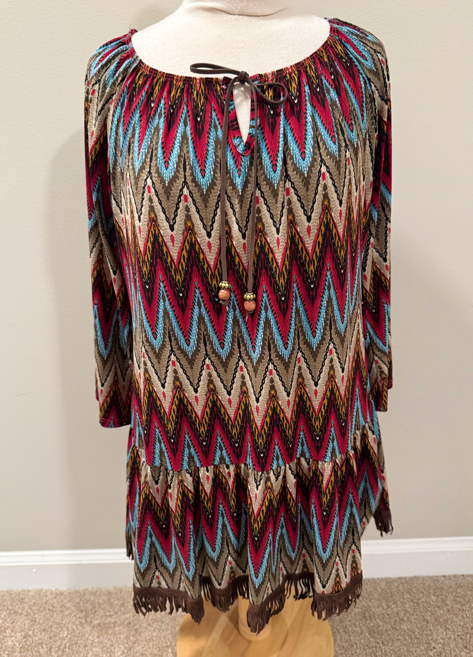 Silver Horse Womens Medium Tunic Shirt Chevron Fringe Bell Sleeve Boho Made USA